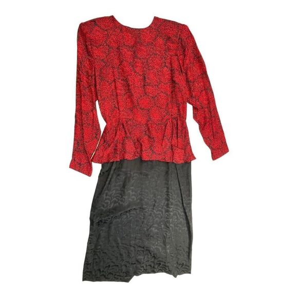 Silk Studio Women's Patterned Long Sleeve Vintage Peplum Dress Red Black Sz 12 - Picture 5 of 9